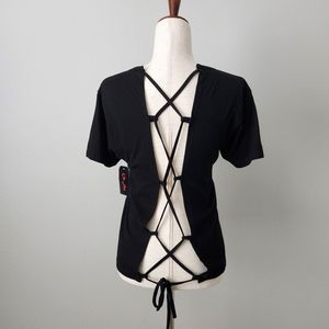 On Fire Black 100% Cotton Short Sleeve T-Shirt With Lace-Up Back, Size XL